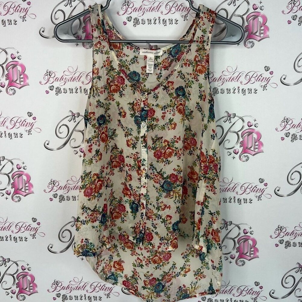 Ambiance apparel tank top roses blue red Floral Print Tank Top - Cream and Red